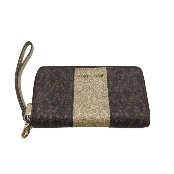Michael Kors Brown Gold Glitter Wristlet Wallet With Zip Closure - Picture 1 of 6